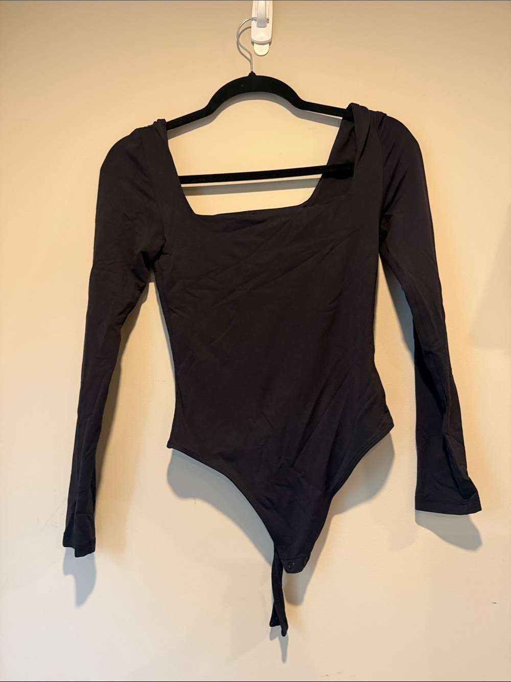 Babaton Black Long-Sleeve Square-Neck Bodysuit with Snap Closure